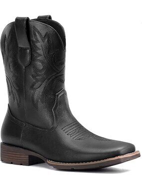 Men's Black Faux Leather Slip on Square Toe with Classic Embroidered Cowboy Boot